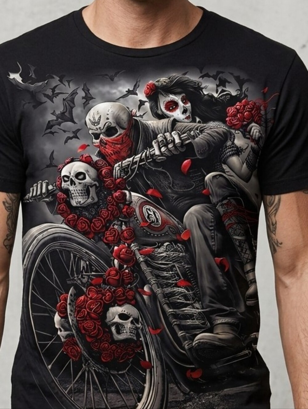 Black Graphic Skull & Roses Moto T-Shirt -Unisex
